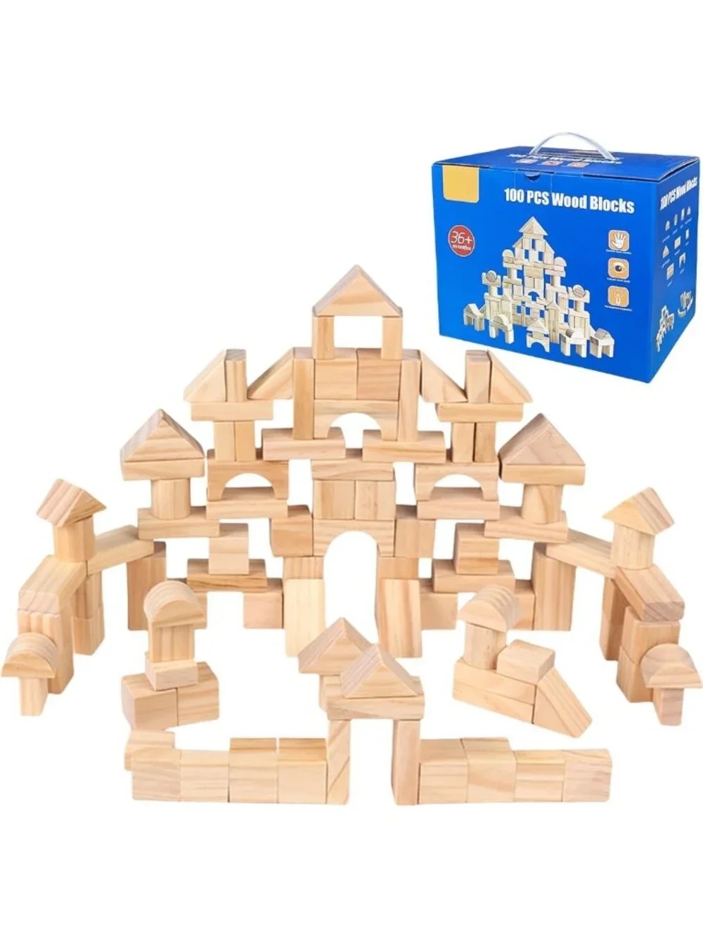 100 Pcs Natural Wood Building Blocks for Kids - Stacking Toys, Learning